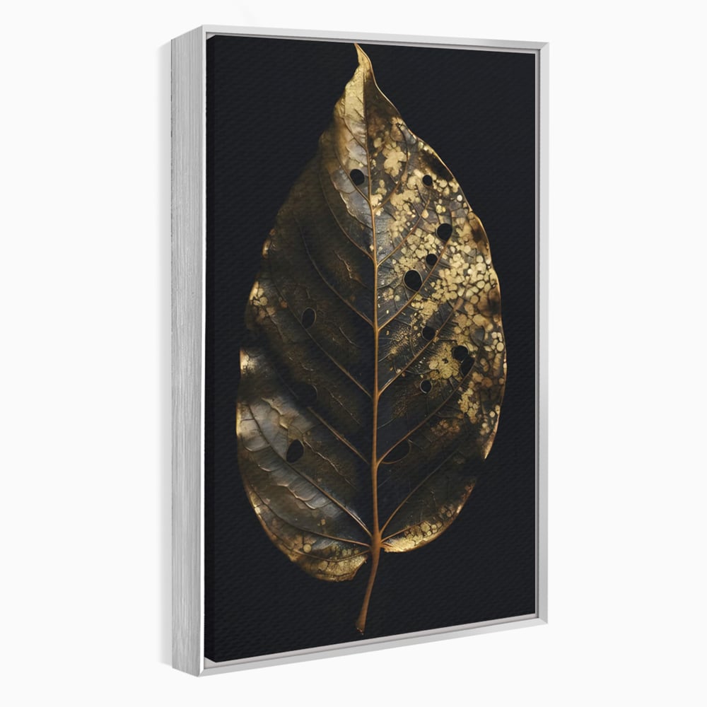 Tablou canvas cu tablou canvas cu frunza aurie pe fundal negru, in rama de aluminiu argintiu